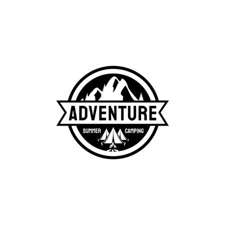 Adventure logos with pine trees mountain, , camp tents and campfire in hexagon shapes.badge or emblem logoのイラスト素材