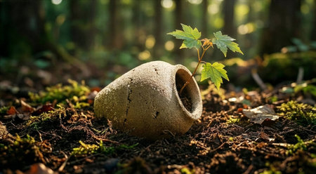 Textured biodegradable urn lying on its side in forest soil with a young maple sapling growing from the openingの素材