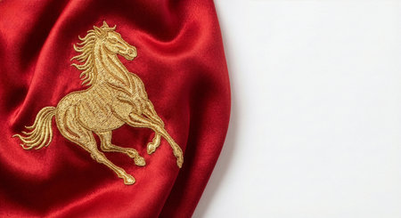 Gold Embroidery Horse on Red Silk Textureの素材