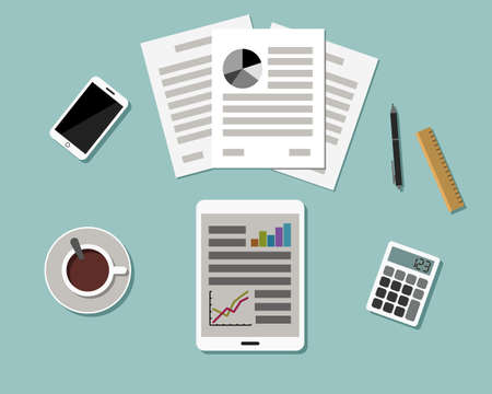 Top view of Workplace with Business Objects. Flat design. Vector Illustrationのイラスト素材