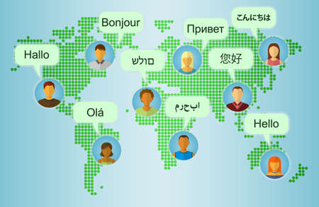 Set of People Icons on Earth Map Background with Speech Bubbles with greetings in many languages. Communication and People Connection Concept. Flat Design. Vector Illustrationのイラスト素材
