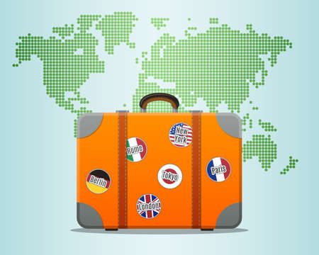 Travel Suitcase With Stickers And World Mapのイラスト素材