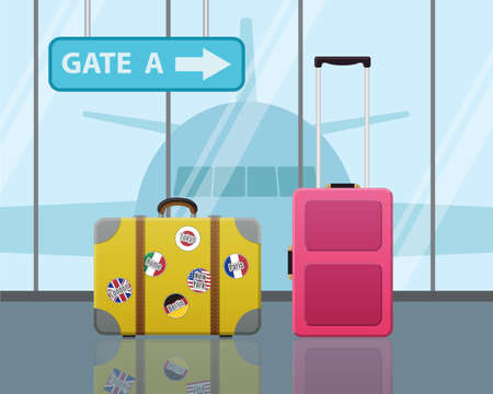 Travel Suitcases In Airport With a Plane In Background. Travel, Business trip concept. Modern Flat Designのイラスト素材