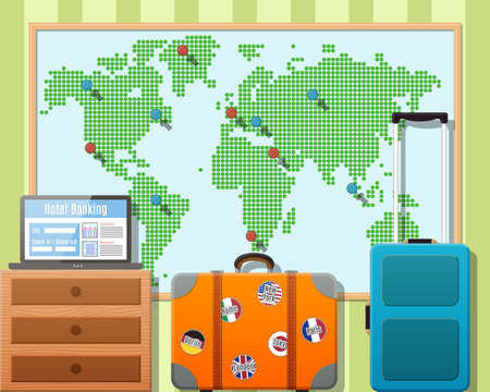 Travel Suitcases With Stickers And World Map. Travel Around The World Concept. Vector Flat Designのイラスト素材