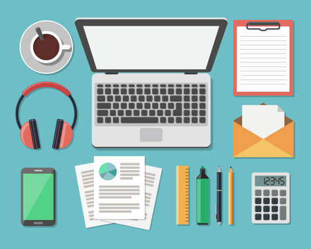 Top View of Workplace, Flat Style Modern Design. Vector Illustration of Business Work Flow Items and Gadgets. Working or studying concept.のイラスト素材
