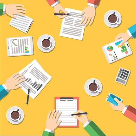 Teamwork, business meeting concept. Group of people working, planning, brainstorming idea of company strategy. Flat style modern design vector illustrationのイラスト素材
