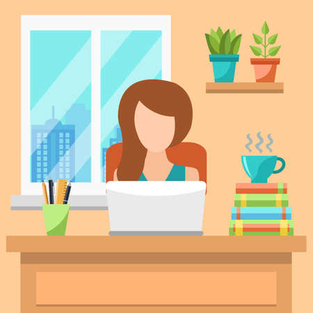 Pretty Young Woman Working At Office Concept. Flat Design. Vector Illustrationのイラスト素材