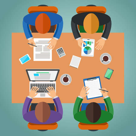 Meeting at office, teamwork, brainstorming concept. Group of people working, top view. Flat design vector illustration.のイラスト素材