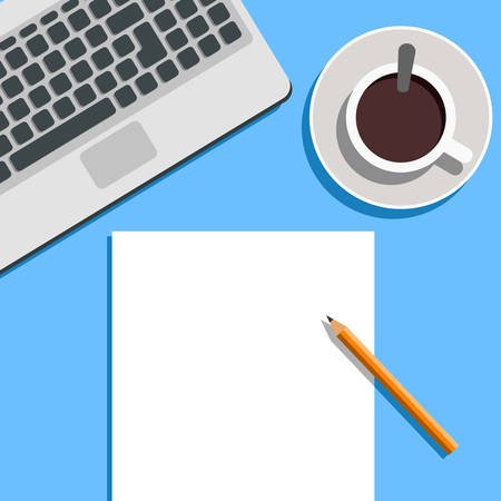Flat Style Modern Design. Top view of Office Workplace. Icons of laptop keyboard, coffee cup and blank paper with copy space. Vector Illustrationのイラスト素材