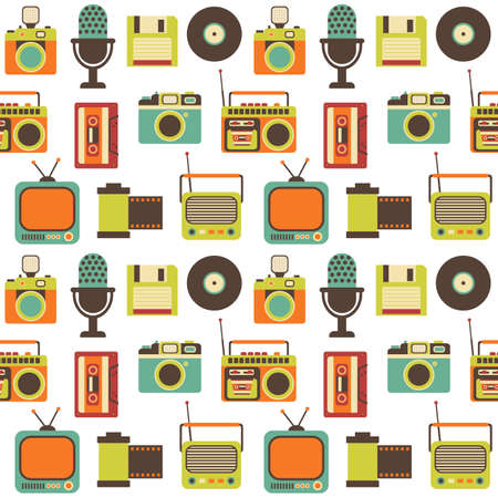 Vector Seamless Pattern with Retro Media technology, flat icons set of tv, radio, photo camera, cassette, tape recorder, film strip, microphone, disketteのイラスト素材