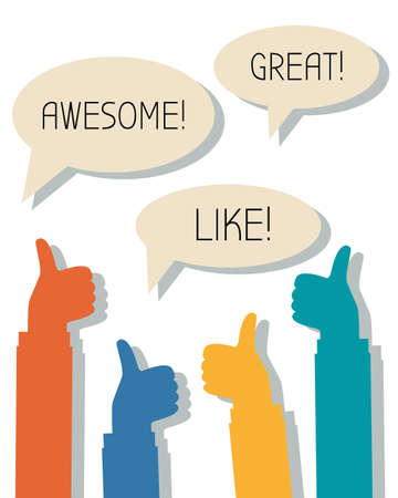 Many thumbs up and words Awesome, Great, Like in thought bubbles, feedback, social network conceptのイラスト素材