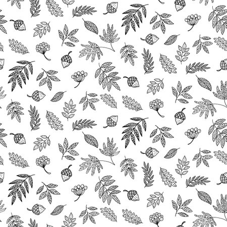 Seamless pattern with leaves, black and whiteのイラスト素材