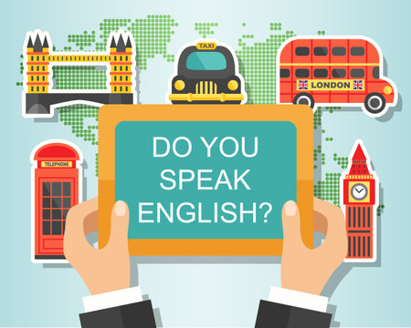 Do You Speak English. English Course Banner design with London landmarks. Studying English Conceptのイラスト素材