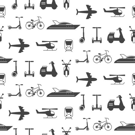 seamless pattern with transportation icons silhouettes, isolated on white. Delivery concept. Website background, kids print.のイラスト素材