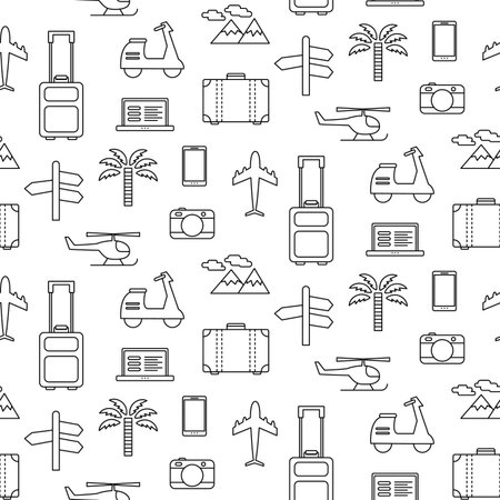 seamless pattern with Travel vacation icons set, isolated on white. Linear art, flat style modern design. Tourism concept. Wallpaper, website background. Design elements. Surface designのイラスト素材