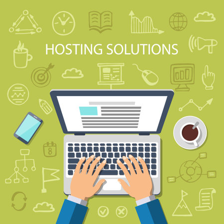Hosting Solutions Concept. Flat style web banner with doodle icons in background, top view. Vector illustration.のイラスト素材