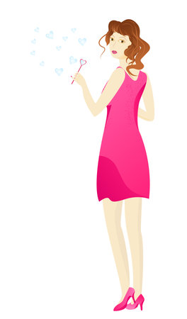 Girl is pink clothes using a pink blower in heart shape for hearts soap bubblesのイラスト素材