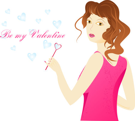 Girl is pink clothes using a pink blower in heart shape for hearts soap bubbles. With sign のイラスト素材