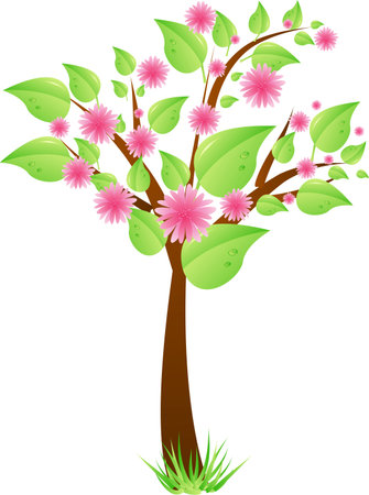 Spring tree with green leaves and pink flowers. Vector illustration.のイラスト素材
