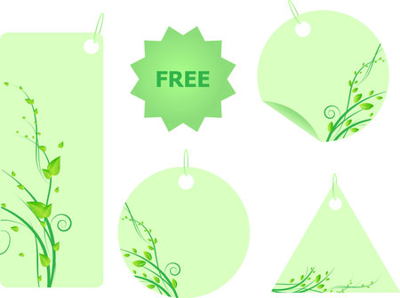 Set of five green floral labels with swirl design and leavesのイラスト素材