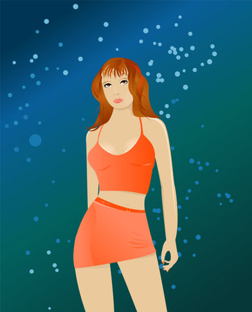 Dancing girl with red curl hair on blue backgroundのイラスト素材