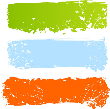 Three grungy multicolored banners with floral elementsのイラスト素材