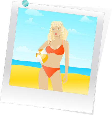 One summer pinned photo. Woman in swimsuit with beach ballのイラスト素材