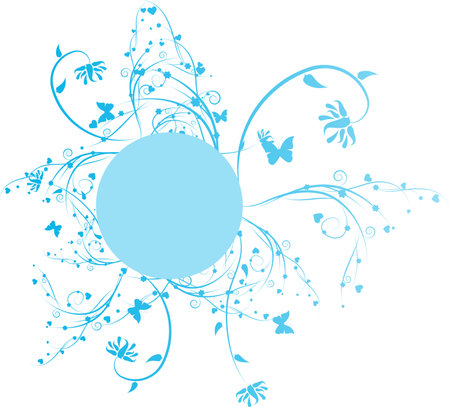 Blue round floral frame with flowers,hearts and butterfliesのイラスト素材