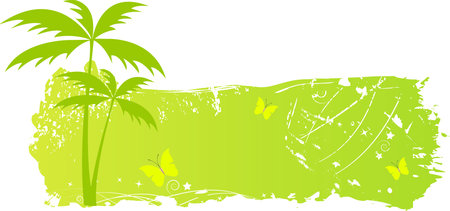 Grungy banner with palm trees and butterflies in green colorのイラスト素材