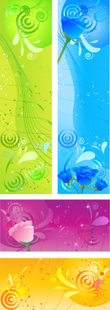 Banners with swirl floral multicolored design and roses in four colorのイラスト素材