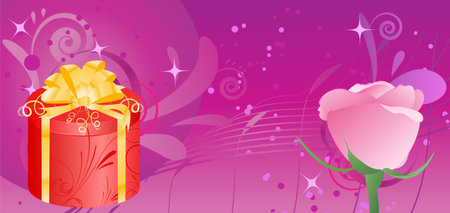 Birthday banner with gift box and rose on swirl abstract backgroundのイラスト素材