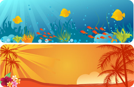 Two banners - with underwater background and palms trees on orange backgroundのイラスト素材
