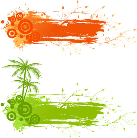 Grunge colorful banners with floral elements and palm treesのイラスト素材