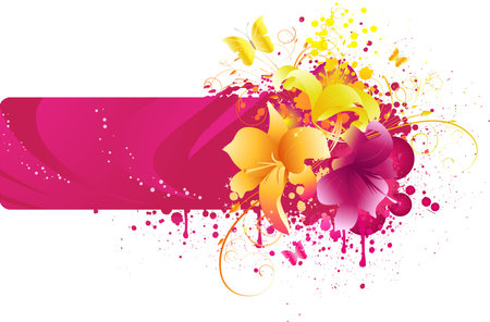 Pink banner with lilies, floral elements and butterfliesのイラスト素材