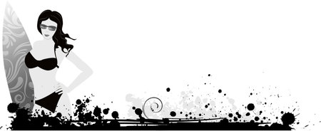 Girl with surf board on grunge background in grayscale colorsのイラスト素材