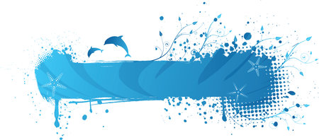 Blue grunge sea banner with dolphins, starfishes and floral ornamentのイラスト素材