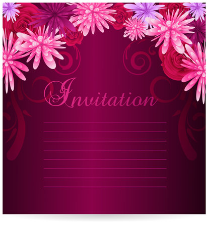 Invitation template with multicolored abstract flowers and swirl floral elementsのイラスト素材