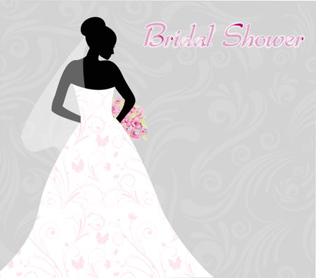 Ilustración de Bridal shower invitation with bride's silhouette on swirls light background - Imagen libre de derechos