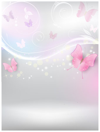 Abstract vector shiny background with floral elements and color butterfliesのイラスト素材