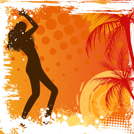 Dancing girl on orange grunge background with palm treesのイラスト素材