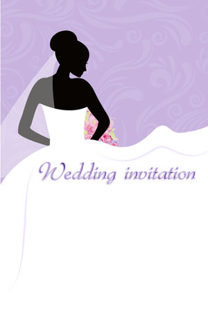 Wedding invitation with bride's silhouette on swirls purple backgroundのイラスト素材