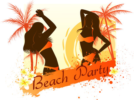 Beach party grunge background with two dancing girls, palm trees and frangipani flowersのイラスト素材