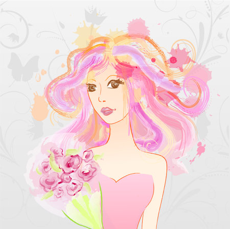 Abstract watercolor imitation painted girl with pink messy hair holding bouquetのイラスト素材