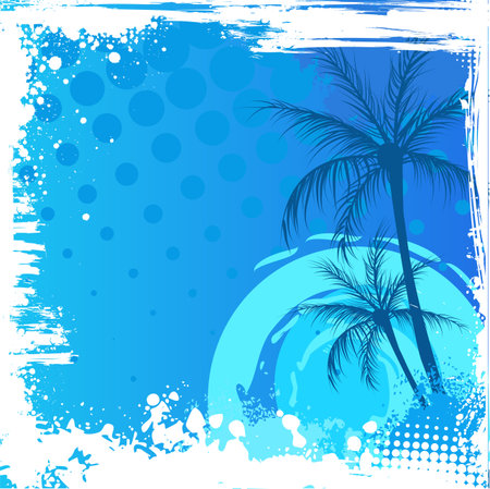 Palm trees on blue sunset background with grunge cornersのイラスト素材