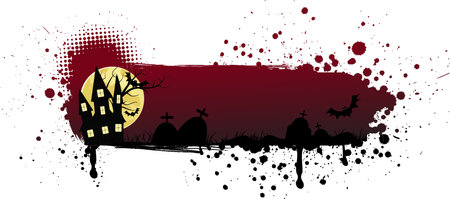 Grunge halloween background with spooky house and cemetery on full moonのイラスト素材