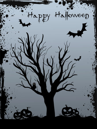 Halloween background with tree silhouette, jack o'lantern pumkins and batsのイラスト素材