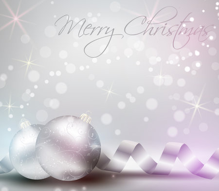 Christmas background card with ribbons and shiny christmas baublesのイラスト素材