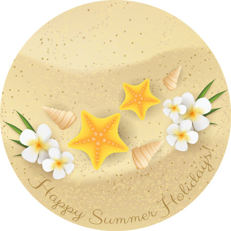 Sand round background with starfishes, flowers and seashellsのイラスト素材