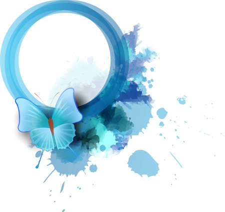 Abstract round watercolor frame in blue color with butterflyのイラスト素材