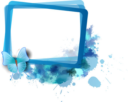 Blue frame with watercolor splashes and butterflyのイラスト素材